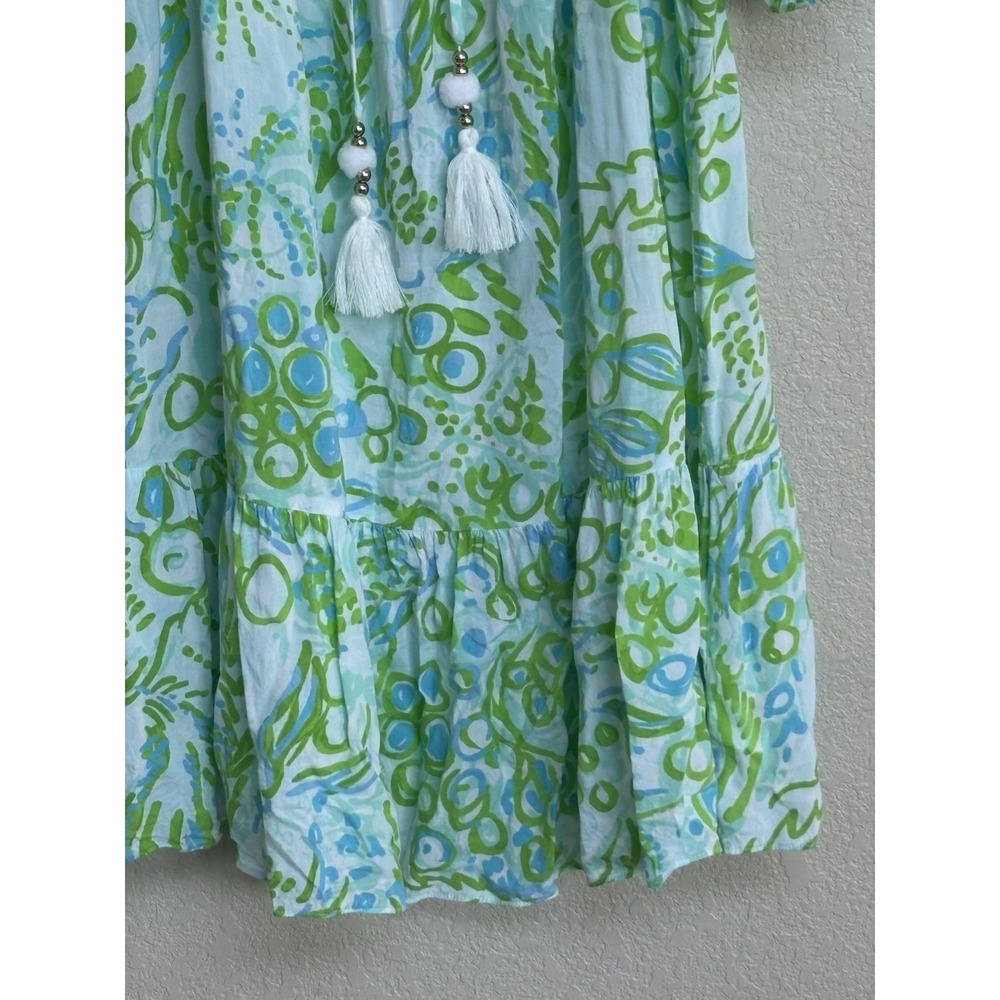 Lilly Pulitzer Green Blue Print Tassel Tie Mini Dress Medium Boho Resort - Picture 4 of 10